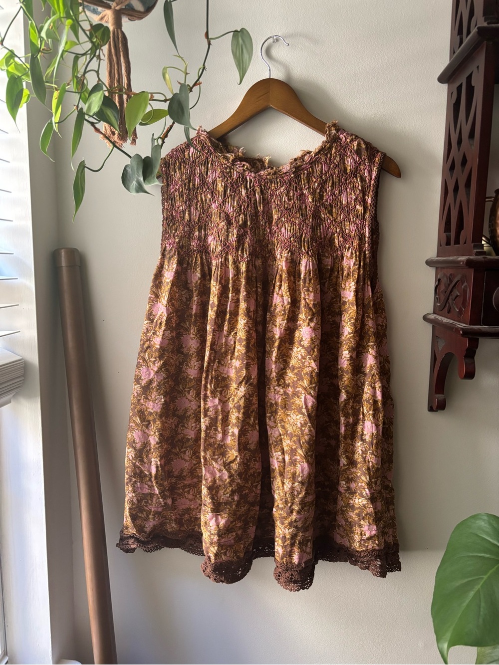 Boho Floral Smocked Dress - Brown & Pink Free People